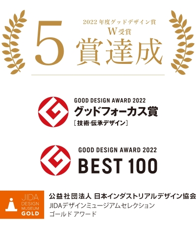 2022年度グッドデザイン賞W受賞・5賞達成。GOOD DESIGN AWARD 2022 グッドフォーカス賞［技術・伝承デザイン］。GOOD DESIGN AWARD 2022 BEST100